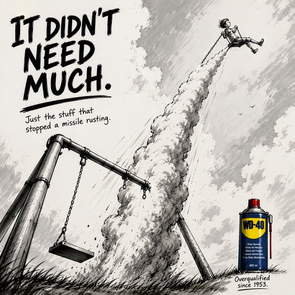 CONTRAIL scamp — a kid mid-air on a swing riding a billowing rocket contrail off an empty swing frame, a WD-40 can standing in the grass, headline: It didn't need much. Just the stuff that stopped a missile rusting.